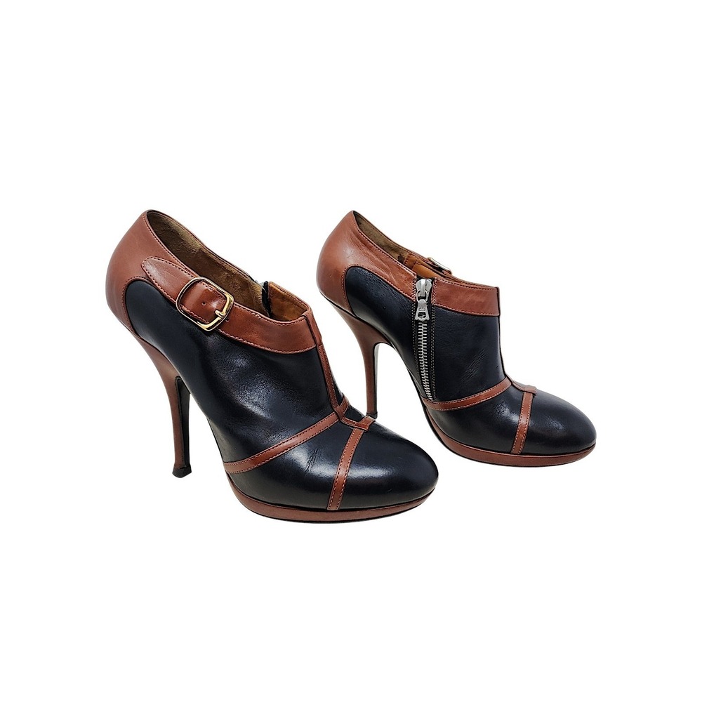 Dries Van Noten Booties 39 9 Womens Black Brown Leather Zip Buckle Stiletto Heel